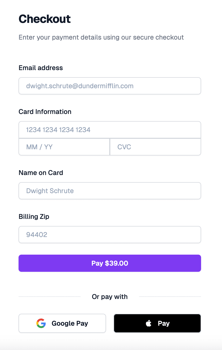 Screenshot showing an example Commerce Carbon checkout form for a user to enter payment on a Commerce Carbon storefront